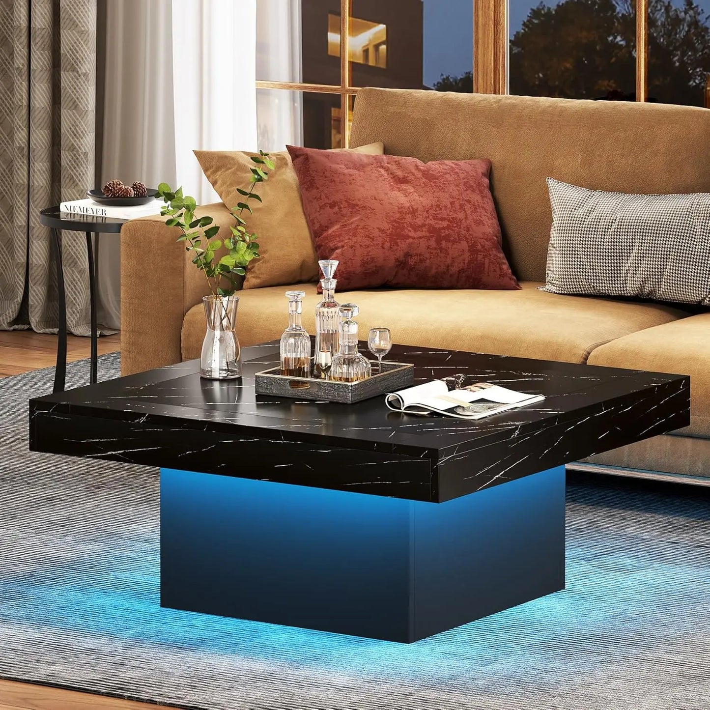 Coffee Table Square LED Coffee Table Engineered Wood Low Coffee Table for Living Room (Faux Marble Black+Black)