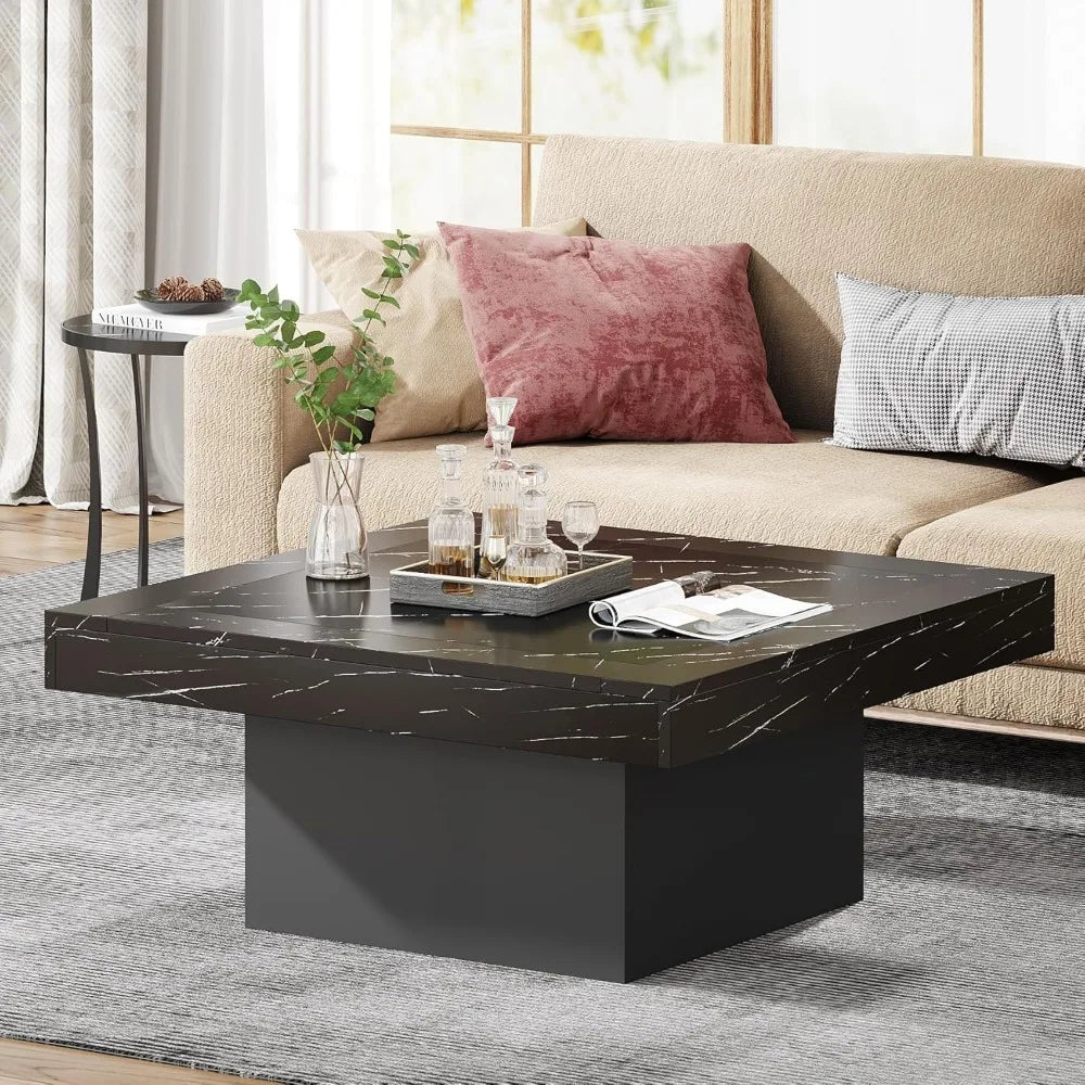 Coffee Table Square LED Coffee Table Engineered Wood Low Coffee Table for Living Room (Faux Marble Black+Black)
