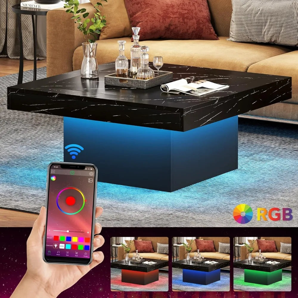 Coffee Table Square LED Coffee Table Engineered Wood Low Coffee Table for Living Room (Faux Marble Black+Black)