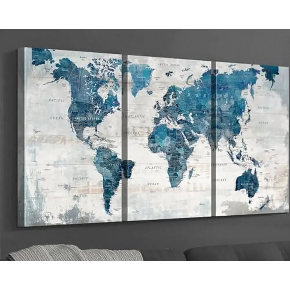 Blue World Map Canvas Wall Art Set of 3 Panels