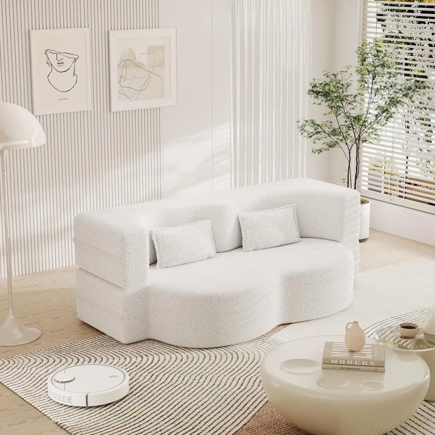 Modern Floor Sofa with 2 Pillows, Convertible Teddy Fabric Foam-Filled Sleeper Sofa Bed,
